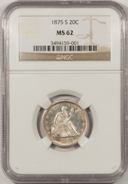 Twenty Cent Pieces 1875-S TWENTY CENT PIECE, NGC MS-62, OFF-WHITE, WELL STRUCK & ATTRACTIVE