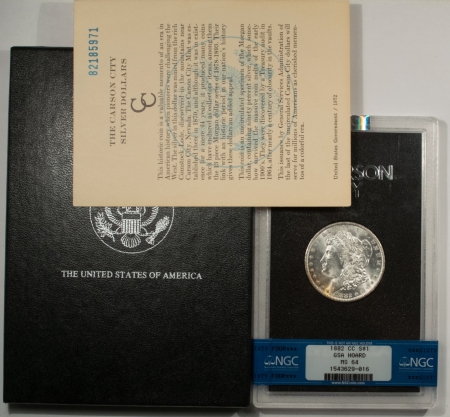 Morgan Dollars 1882-CC MORGAN DOLLAR GSA – NGC BANDED MS-64, WITH BOX/CARD! FLASHY WHITE