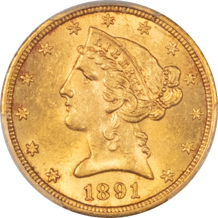 $5 1891-CC $5 LIBERTY GOLD – PCGS MS-62+ CARSON CITY GOLD!