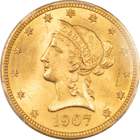 $10 1907 $10 LIBERTY GOLD – PCGS MS-64, CLEAN CHEEK