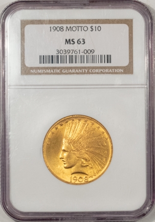 $10 1908 $10 INDIAN GOLD, MOTTO – NGC MS-63, TOUGH DATE! NICE SMOOTH SURFACES