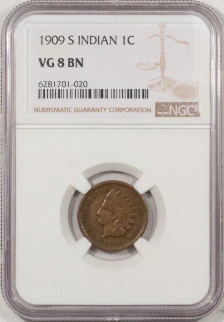 Indian 1909-S INDIAN CENT – NGC VG-8 BN, KEY-DATE!