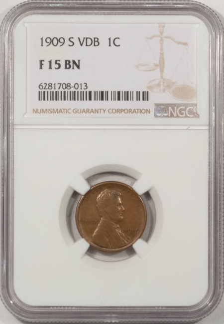 Lincoln Cents (Wheat) 1909-S VDB LINCOLN CENT – NGC F-15 BN, KEY-DATE!