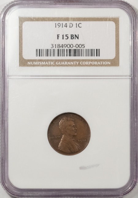 Lincoln Cents (Wheat) 1914-D LINCOLN CENT – NGC F-15 BN, KEY-DATE!