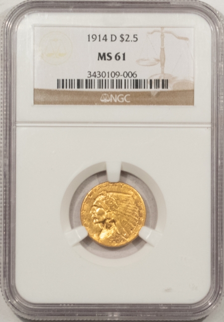 $2.50 1914-D $2.50 INDIAN GOLD – NGC MS-61, TOUGHER DATE!