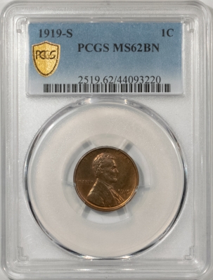 Lincoln Cents (Wheat) 1919-S LINCOLN CENT – PCGS MS-62 BN, LOOKS 64!, PREMIUM QUALITY!