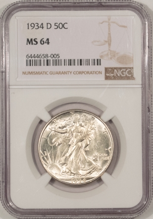 New Certified Coins 1934-D WALKING LIBERTY HALF DOLLAR NGC MS-64, BLAST WHITE