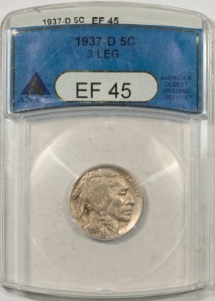 Buffalo Nickels 1937-D BUFFALO NICKEL, 3 LEG – ANACS EF-45 HONEST COIN W/ LUSTER REMAINING!
