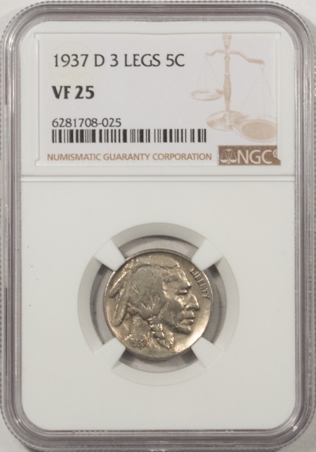 Buffalo Nickels 1937-D BUFFALO NICKEL, 3 LEG – NGC VF-25