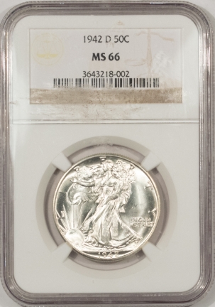 New Certified Coins 1942-D WALKING LIBERTY HALF DOLLAR – NGC MS-66, PREMIUM QUALITY HEADLIGHT!