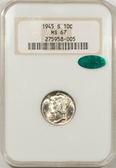 CAC Approved Coins 1945-S MERCURY DIME – NGC MS-67, OLD FATTY HOLDER & PREMIUM QUALITY! CAC!