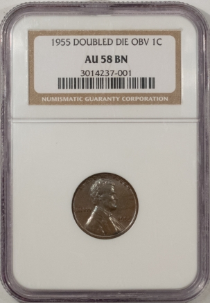 Lincoln Cents (Wheat) 1955/55 DOUBLED DIE OBVERSE LINCOLN CENT NGC AU-58 BN, PLEASING & POPULAR!