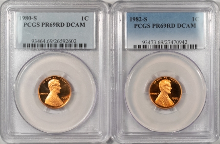 Lincoln Cents (Memorial) 1980-S 1982-S PROOF LINCOLN CENTS – LOT OF 2 – PCGS PR-69 RD DCAM, DEEP CAMEO