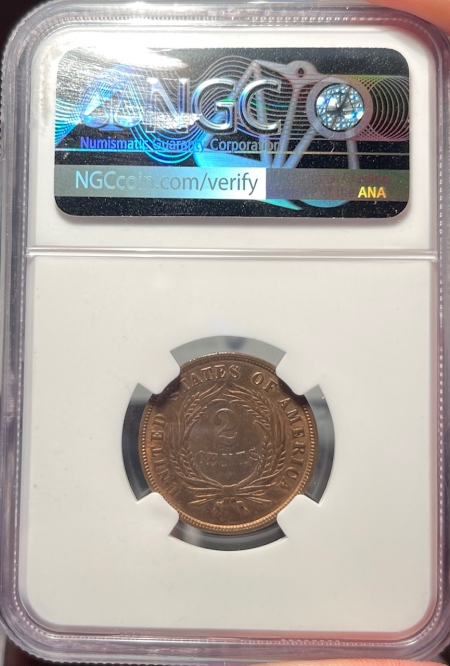 New Certified Coins 1864 TWO CENT PIECE LARGE MOTTO NGC MS-63 RB ROTATED REVERSE, MEDALLIC ALIGNMENT