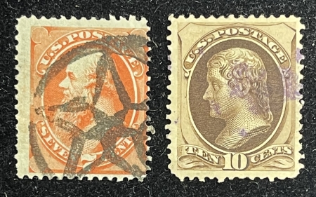 U.S. Stamps SCOTT #160 & 161, 7c ORANGE & 10c BROWN, SECRET MARKS, USED, AVG-FINE, CAT $110
