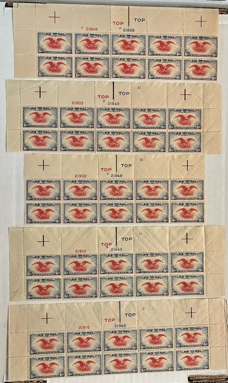 U.S. Stamps SCOTT #C-23 6c DARK BLUE/CARMINE TOP PLATE BLOCKS OF 10 (5), MOGNH-CAT $75