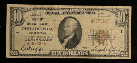 Small National Currency 1929 $10 NATIONAL BANK NOTE, FR-1801, PHILADELPHIA, PA, CHARTER 1, abt VF