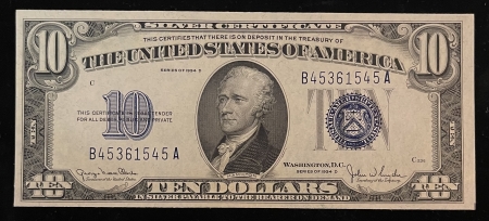 Small Silver Certificates 1934-D $10 SILVER CERTIFICATE, FR-1705, CHOICE CU W/ NICE COLOR/EMBOSSING