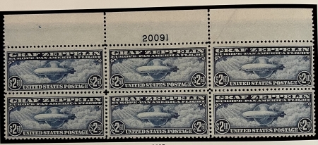 U.S. Stamps RARE & ICONIC C-15 $2.60 GRAF ZEPPELIN PLATE BLOCK OF 6, MOGNH, VF+-CAT $8000