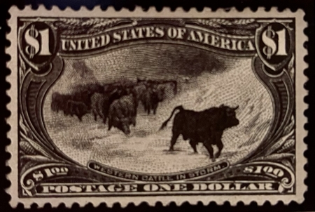 U.S. Stamps DESIRABLE SCOTT #292 $1 BLACK “CATTLE IN STORM”, UNUSED & VF+, SATURATED COLOR!