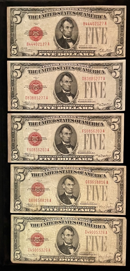 Small U.S. Notes 1928 $5 U.S. NOTE GROUP (5). 1928, 28-B, 28-C, 28-E & 28-F, FR 1525-1531; F-XF+