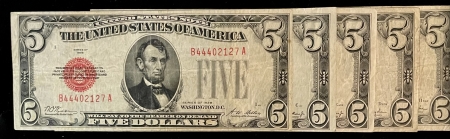 Small U.S. Notes 1928 $5 U.S. NOTE GROUP (5). 1928, 28-B, 28-C, 28-E & 28-F, FR 1525-1531; F-XF+
