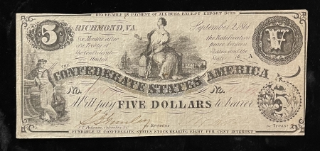 Confederate Notes CSA, SEPT 2nd 1861, $5 TY 36, CR-274, abt VF, CUT CANCELS (VIRTUALLY INVISIBLE)