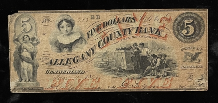 Obsolete Notes 1860 $5 ALLEGANY COUNTY BANK OF CUMBERLAND, MD COLORFUL ISSUED NOTE, ORIG FINE