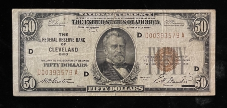 Small Federal Reserve Notes 1929 $50 FEDERAL RESERVE NOTE, BROWN SEAL, CLEVELAND, FR-1880D, ORIGINAL F/VF