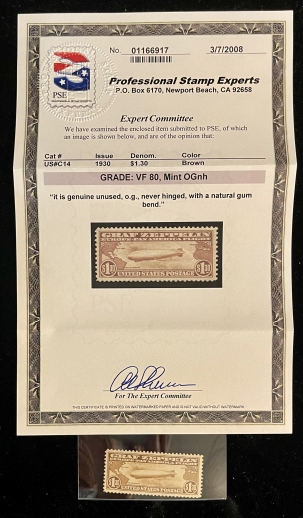 U.S. Stamps SCOTT #C-14 $1.30 GRAF ZEPPELIN, MOG-NH, PSE 80, INCREDIBLE COLOR, CENTER, $575