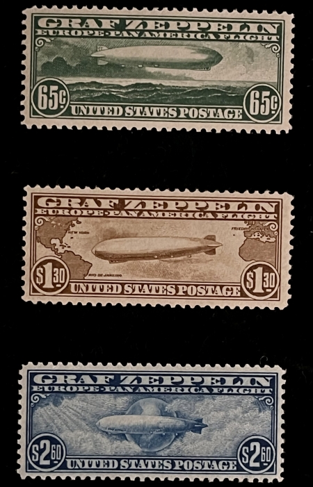 U.S. Stamps SCOTT #C-13, C-14, C-15, GRAF ZEPPELIN SET, VF+, VLH, INTENSE COLORS, FRESH-VF+