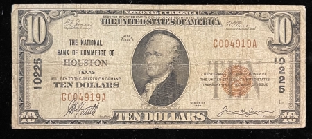 U.S. Stamps 1929 NATIONAL TY 1 $10, FR-1801-1, NATIONAL BOC HOUSTON, TX-CHARTER 10225, FINE+