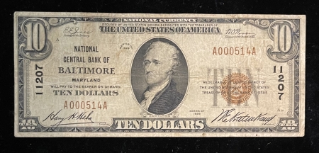 Small National Currency 1929 NATIONAL TY 1 $10, FR 1801-1, CNB OF BALTIMORE, MD-CHARTER 11207 abt VF
