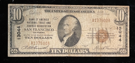 Small National Currency 1929 NATIONAL TY 1 $10, FR 1801-1, BOA NAT TR & SA SAN FRANCISCO, CA-CHTR 13044