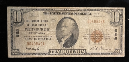 Small National Currency 1929 NATIONAL TY 1 $10, FR-1801-1, FARMERS DEP NB PITTSBURGH, PA-CHRTR 685-FINE