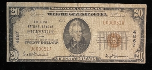 Small National Currency SCARCE 1929 NATIONAL $20 TY 1, FR-1802-1, FNB HICKSVILLE, OH, CHARTER 4867, FINE