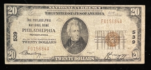 Small National Currency 1929 NATIONAL $20 TY 1, FR-1802-1, PHIL NB PHILADELPHIA, PA, CHARTER 539-F/VF