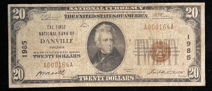 Small National Currency 1929 NATIONAL TY 1 $20, FR-1802-1, FNB OF DANVILLE, VA-CHARTER 1985, F/VF