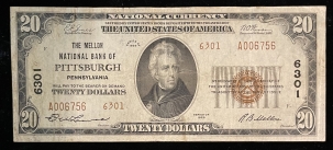 Small National Currency 1929 NATIONAL TY 2 $20, FR 1802-2, MELLON NB OF PITTSBURGH, PA-CHARTER 6301, VF