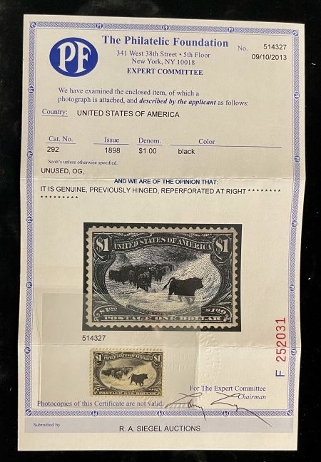 U.S. Stamps SCOTT #292 $1 BLACK TRANS-MISSISSIPPI “CATTLE”, MOG LH, VF+, PSE CERT, CAT $1500