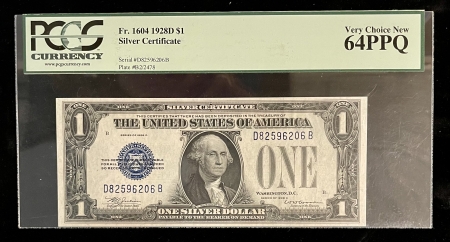 Small Silver Certificates 1928-D $1 SILVER CERTIFICATE, FR-1604, PCGS CURRENCY VERY CHOICE NEW 64 PPQ