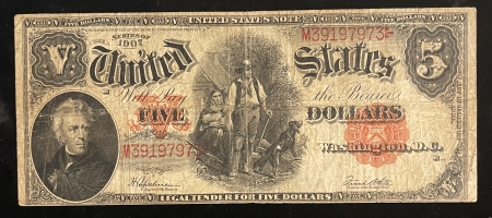 Large U.S. Notes 1907 $5 UNITED STATES NOTE “WOOD CHOPPER”, FR-91, ORIGINAL FINE