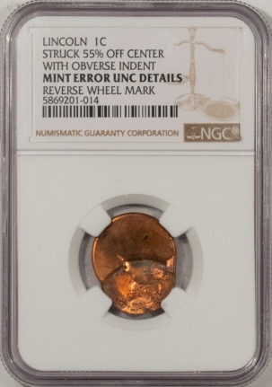 Lincoln Cents (Memorial) UNDATED LINCOLN CENT ERROR, STRUCK 55% OFF-CENTER W/ OBV INDENT NGC UNC DETAILS