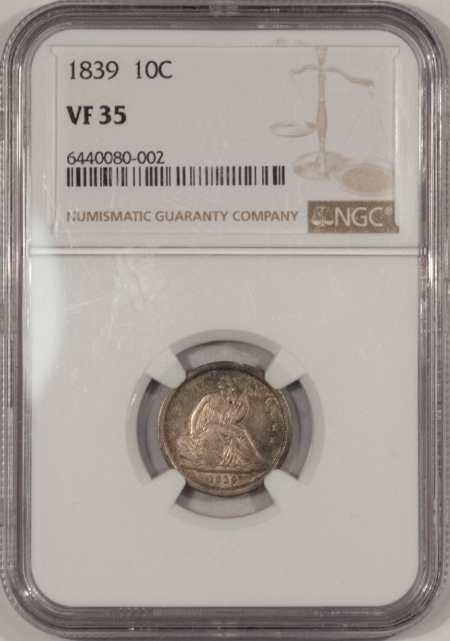 Liberty Seated Dimes 1839 SEATED LIBERTY DIME – NGC VF-35, PRETTY, EARLY DATE!