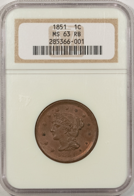 New Store Items 1851 BRAIDED HAIR LARGE CENT – NGC MS-63 RB