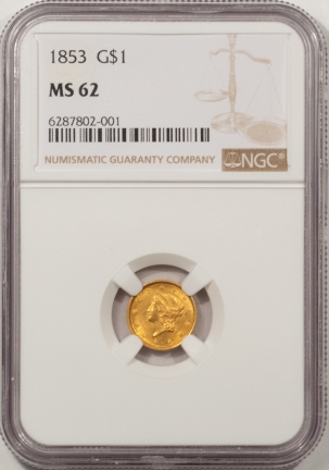 $1 1853 GOLD DOLLAR, TYPE 1, NGC MS-62, PQ, LOOKS 63+