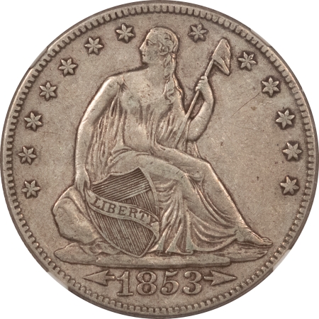 Liberty Seated Halves 1853 SEATED LIBERTY HALF DOLLAR, ARROWS & RAYS – NGC XF-40, ORIGINAL & NICE!