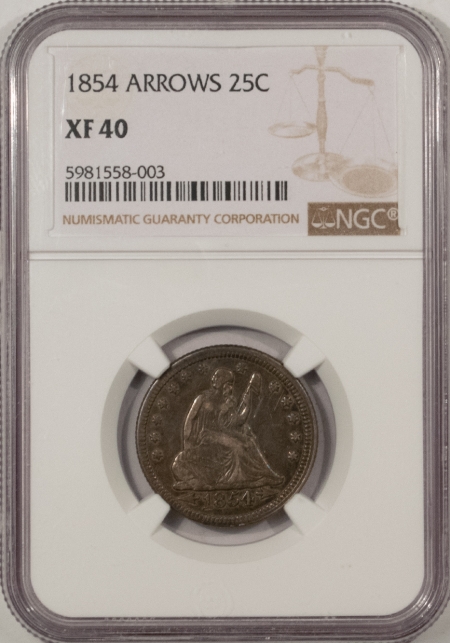 New Store Items 1854 LIBERTY SEATED QUARTER, ARROWS – NGC XF-40