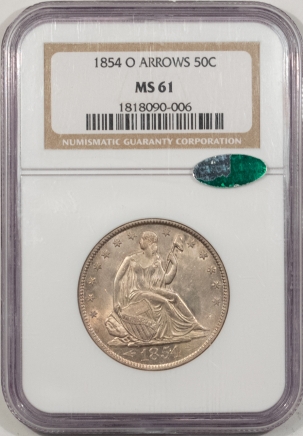 CAC Approved Coins 1854-O SEATED LIBERTY HALF DOLLAR, ARROWS – NGC MS-61, ORIGINAL, WHITE, PQ, CAC!