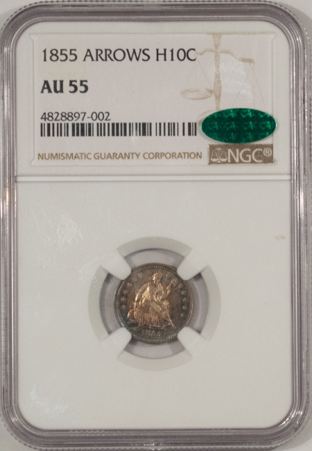 CAC Approved Coins 1855 SEATED LIBERTY HALF DIME, ARROWS – NGC AU-55 & CAC APPROVED!